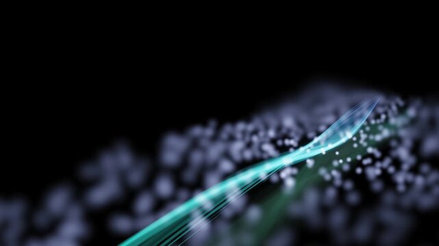 A luminous green filament gliding through a dark void with surrounding particles that shimmer and dance