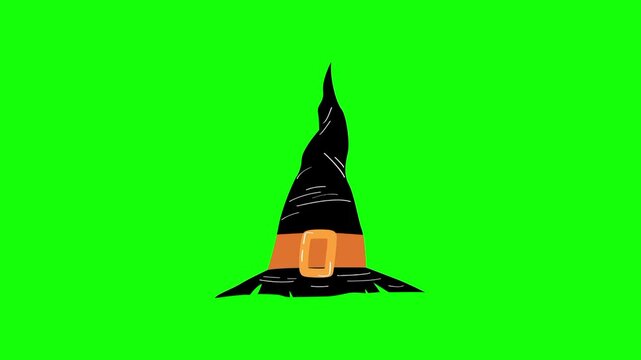 Halloween witch hat, trick or treat icon sign, isolated on green screen. Vector cartoon animation. Advertisement, illustration idea, party and celebration symbol. Element for video.