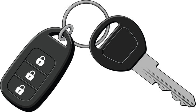 Black car key fob and metal ignition key on keyring vector illustration for automotive transportation