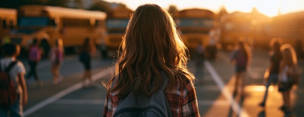Fototapeta premium Student walking toward school buses during sunset in autumn 