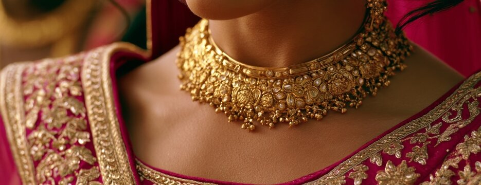 Woman wearing traditional Indian jewelry and a pink outfit, close-up photo  