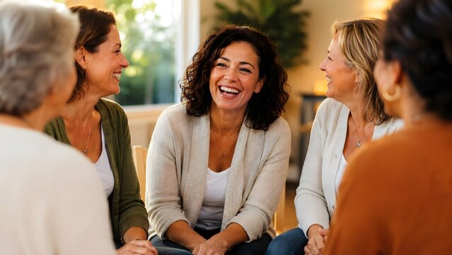 Happy middle-aged women laughing together in a menopause support group circle