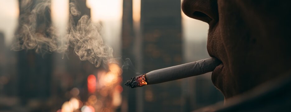Man smoking cigarette while looking out over a city skyline, close-up photo  
