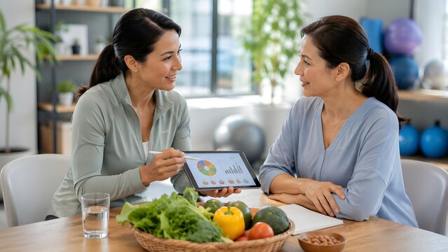 Professional health coach explaining nutrition plan on tablet to mature woman.