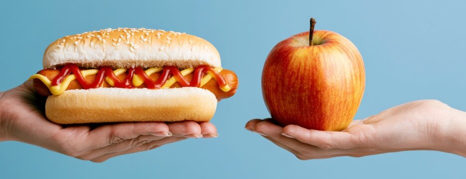 Hands holding hot dog and apple against a blue background  
