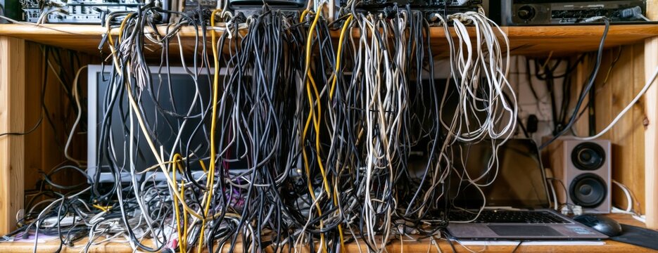 Messy tangled cables and wires on desk with computers and speakers  