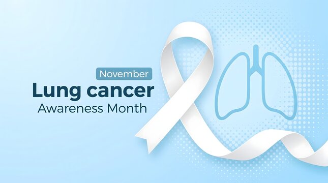 White awareness ribbon with a lung icon on a light blue background for lung cancer awareness month concept