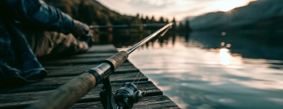 Man fishing from wooden dock by tranquil lake at sunset  