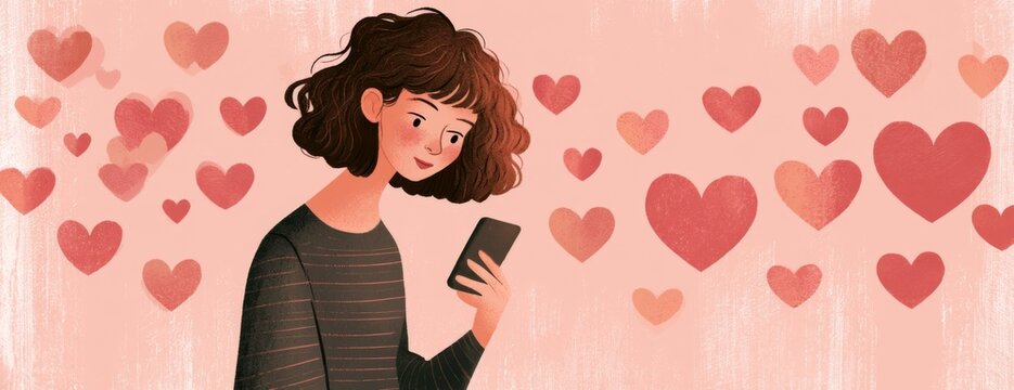 Young woman chatting on a dating app on phone with hearts around  