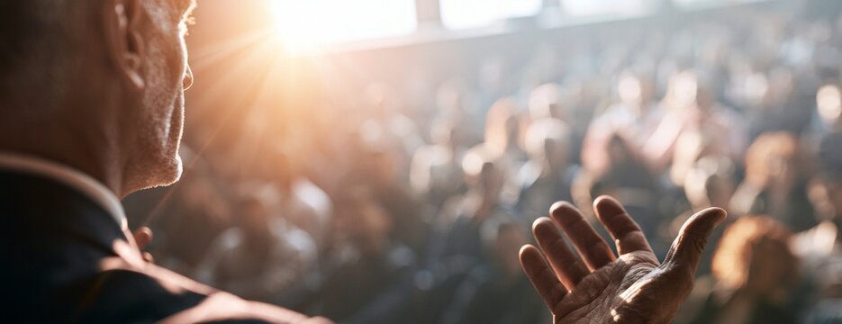 Speaker man presenting to engaged audience during conference event  