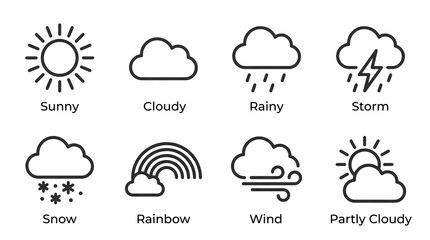 Fototapeta premium Black and white weather icons set featuring sunny, cloudy, rainy, stormy.