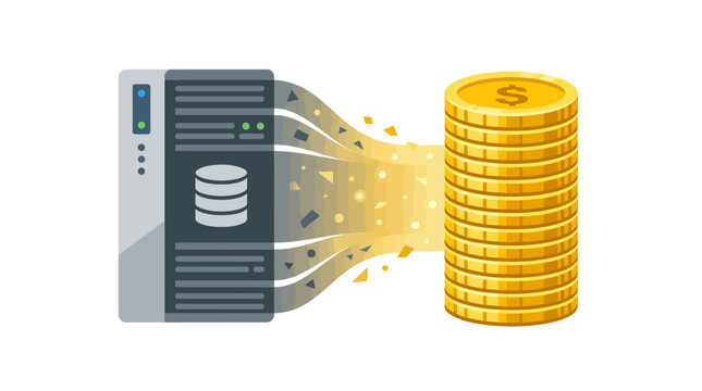 Vector illustration of data server converting to gold money coins