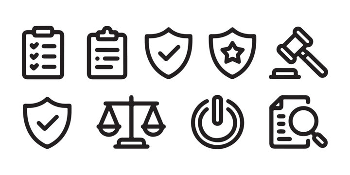 Legal and security outline icon set with clipboard shield check mark gavel scales and power symbols.