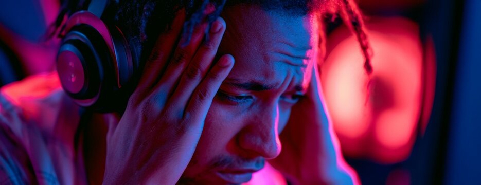 Young black man gamer feeling stressed while gaming in a neon-lit room  