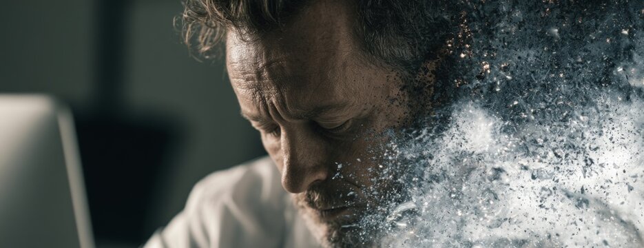 Man showing fatigue and stress while working at desk, face disintegrating into particles   