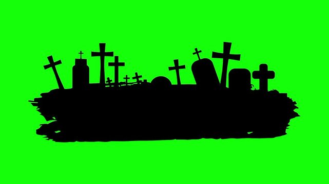 Halloween graveyard silhouette, trick or treat icon sign, isolated on green screen. Vector cartoon animation. Advertisement, illustration idea, party and celebration symbol. Element for video.