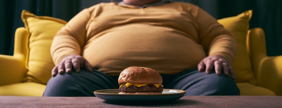 Overweight man sitting on sofa with hamburger on plate in front