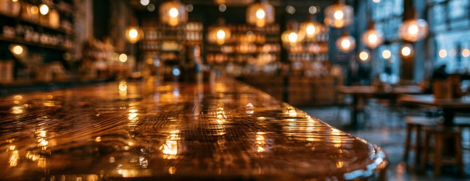Interior of softly lit cafe with wooden table and warm ambiance  
