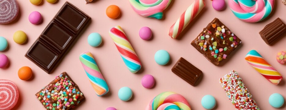 Colorful assortment of sweet candies and chocolates on pink background  