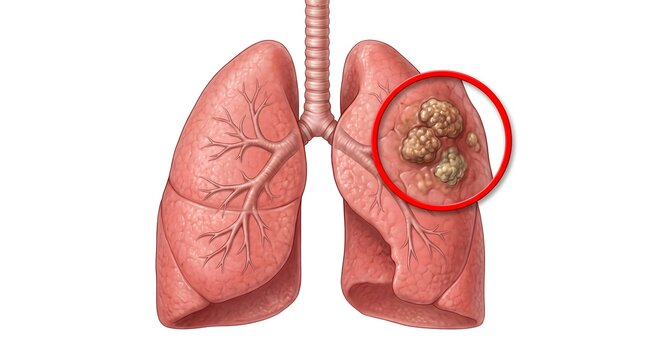 Medical illustration of human lungs showing a cancerous tumor highlighted with a red circle for diagnostic purposes