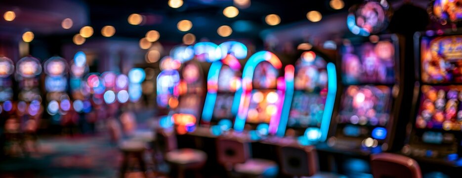 Blurred casino slot machine area with colorful lights and chairs  