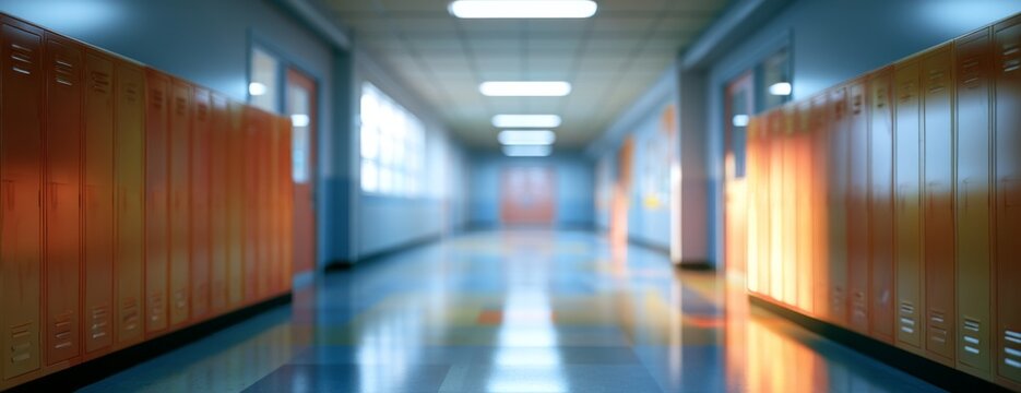 Blurred school corridor with orange lockers and polished floor  