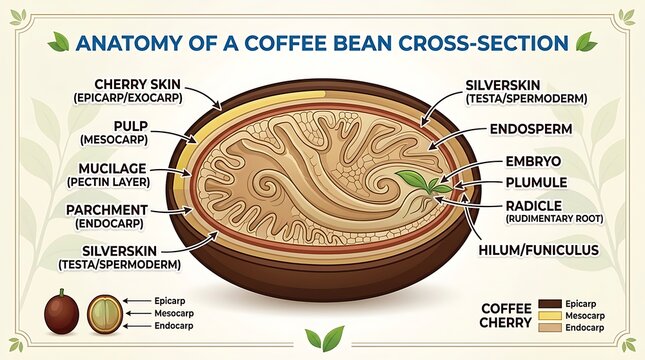 Detailed Coffee Bean Cross-Section Anatomy Diagram for Culinary and Agricultural Education