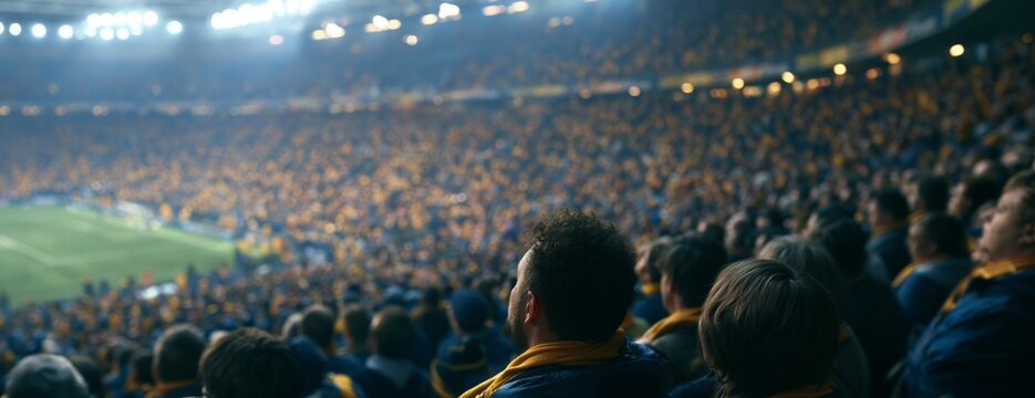Crowd of cheering fans in sports stadium during evening match  