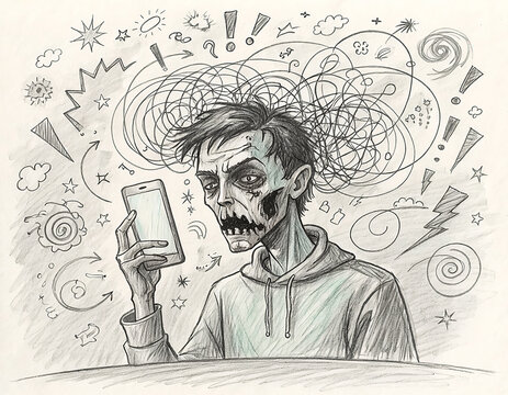 Stressed zombie man with phone and chaotic thoughts
