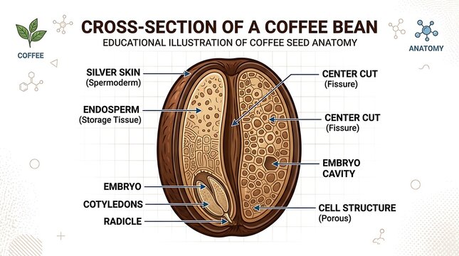 Detailed cross-section illustration of coffee bean anatomy, educational diagram of seed structure and components, perfect for food science and beve...
