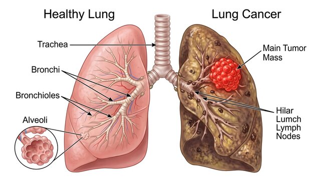 Medical illustration comparing a healthy human lung with a diseased lung showing cancer and various respiratory system conditions