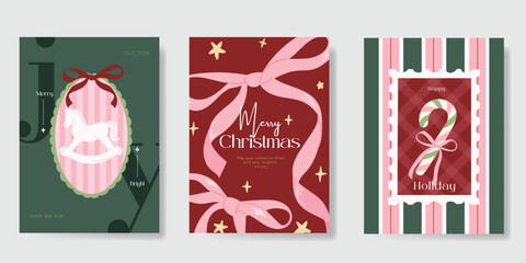 Christmas and Happy holiday greeting card vector set. Elegant hand drawn wallpaper with pine leaves, pinecone, wreath. Holidays design illustration for cover, print, poster, Happy New Year, ads.