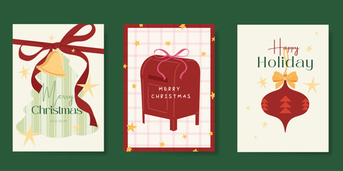 Obraz premium Christmas and Happy holiday greeting card vector set. Elegant hand drawn wallpaper with pine leaves, pinecone, wreath. Holidays design illustration for cover, print, poster, Happy New Year, ads.