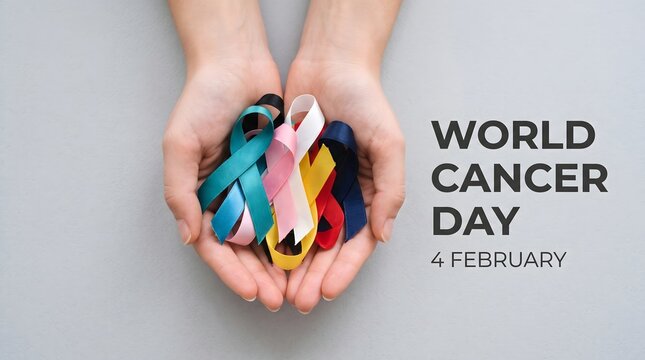 Hands holding colorful awareness ribbons to support world cancer day on february fourth for health and medical awareness