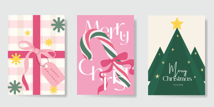 Christmas and Happy holiday greeting card vector set. Elegant hand drawn wallpaper with pine leaves, pinecone, wreath. Holidays design illustration for cover, print, poster, Happy New Year, ads.