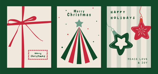 Obraz premium Christmas and Happy holiday greeting card vector set. Elegant hand drawn wallpaper with pine leaves, pinecone, wreath. Holidays design illustration for cover, print, poster, Happy New Year, ads.