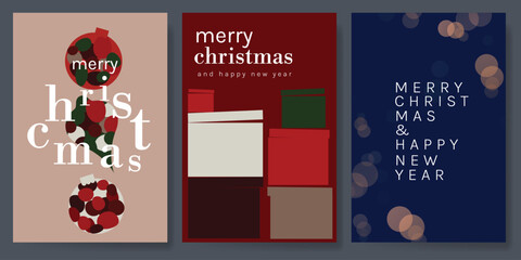 Obraz premium Christmas and Happy holiday greeting card vector set. Elegant hand drawn wallpaper with pine leaves, pinecone, wreath. Holidays design illustration for cover, print, poster, Happy New Year, ads.