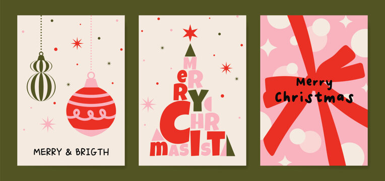 Christmas and Happy holiday greeting card vector set. Elegant hand drawn wallpaper with pine leaves, pinecone, wreath. Holidays design illustration for cover, print, poster, Happy New Year, ads.