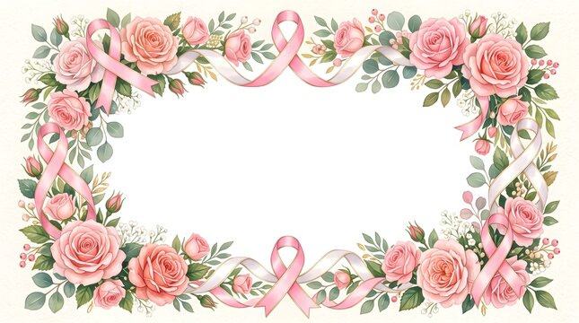 Beautiful rectangular frame made of hand painted watercolor pink roses and green leaves on a white background