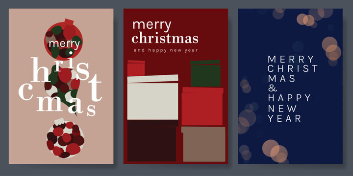 Christmas and Happy holiday greeting card vector set. Elegant hand drawn wallpaper with pine leaves, pinecone, wreath. Holidays design illustration for cover, print, poster, Happy New Year, ads.