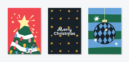 Obraz premium Christmas and Happy holiday greeting card vector set. Elegant hand drawn wallpaper with pine leaves, pinecone, wreath. Holidays design illustration for cover, print, poster, Happy New Year, ads.