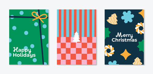 Obraz premium Christmas and Happy holiday greeting card vector set. Elegant hand drawn wallpaper with pine leaves, pinecone, wreath. Holidays design illustration for cover, print, poster, Happy New Year, ads.