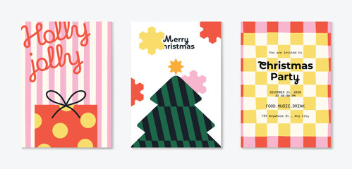 Obraz premium Christmas and Happy holiday greeting card vector set. Elegant hand drawn wallpaper with pine leaves, pinecone, wreath. Holidays design illustration for cover, print, poster, Happy New Year, ads.