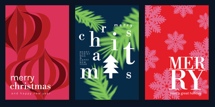 Christmas and Happy holiday greeting card vector set. Elegant hand drawn wallpaper with pine leaves, pinecone, wreath. Holidays design illustration for cover, print, poster, Happy New Year, ads.