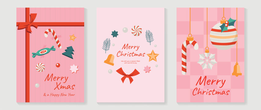 Christmas and Happy holiday greeting card vector set. Elegant hand drawn wallpaper with pine leaves, pinecone, wreath. Holidays design illustration for cover, print, poster, Happy New Year, ads.