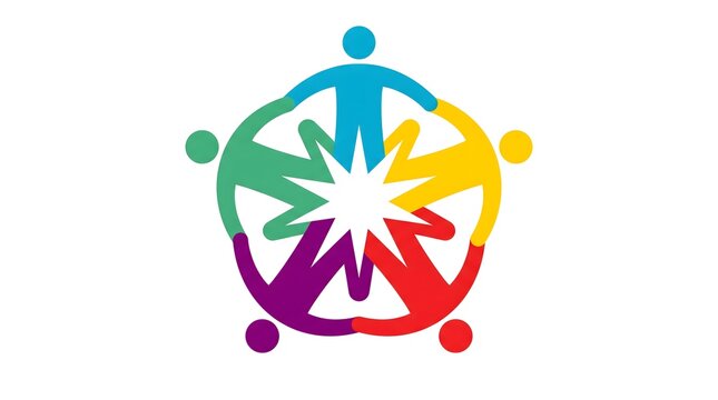Colorful abstract icon featuring stylized human figures holding hands in a circle representing unity community and global teamwork