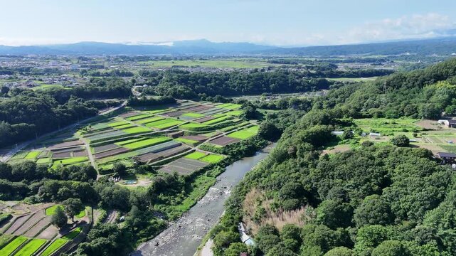 Aerial view of a river winding through green fields. Rice paddies line the banks in neat rows. Distant mountains frame the peaceful countryside. Sunlight glints off the calm water surface