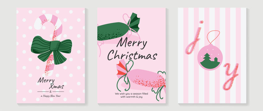 Christmas and Happy holiday greeting card vector set. Elegant hand drawn wallpaper with pine leaves, pinecone, wreath. Holidays design illustration for cover, print, poster, Happy New Year, ads.