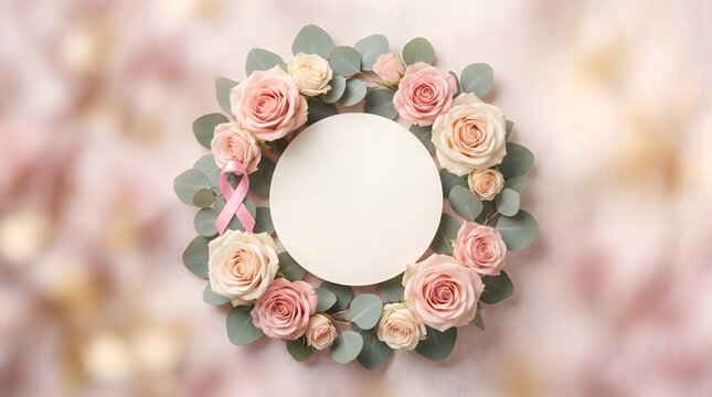 Beautiful floral wreath with pink roses and green eucalyptus leaves surrounding a blank circular space for your text