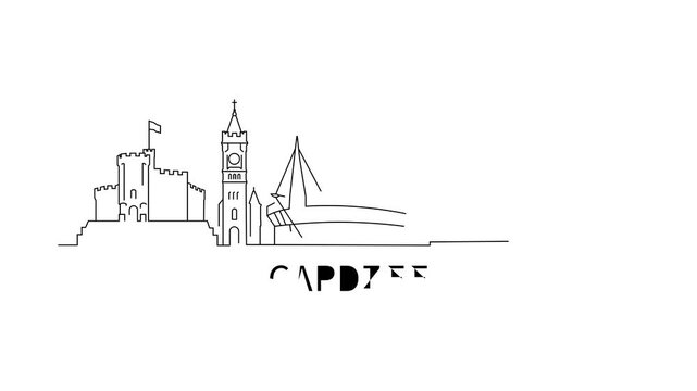 Simple line art outlines Cardiff's skyline